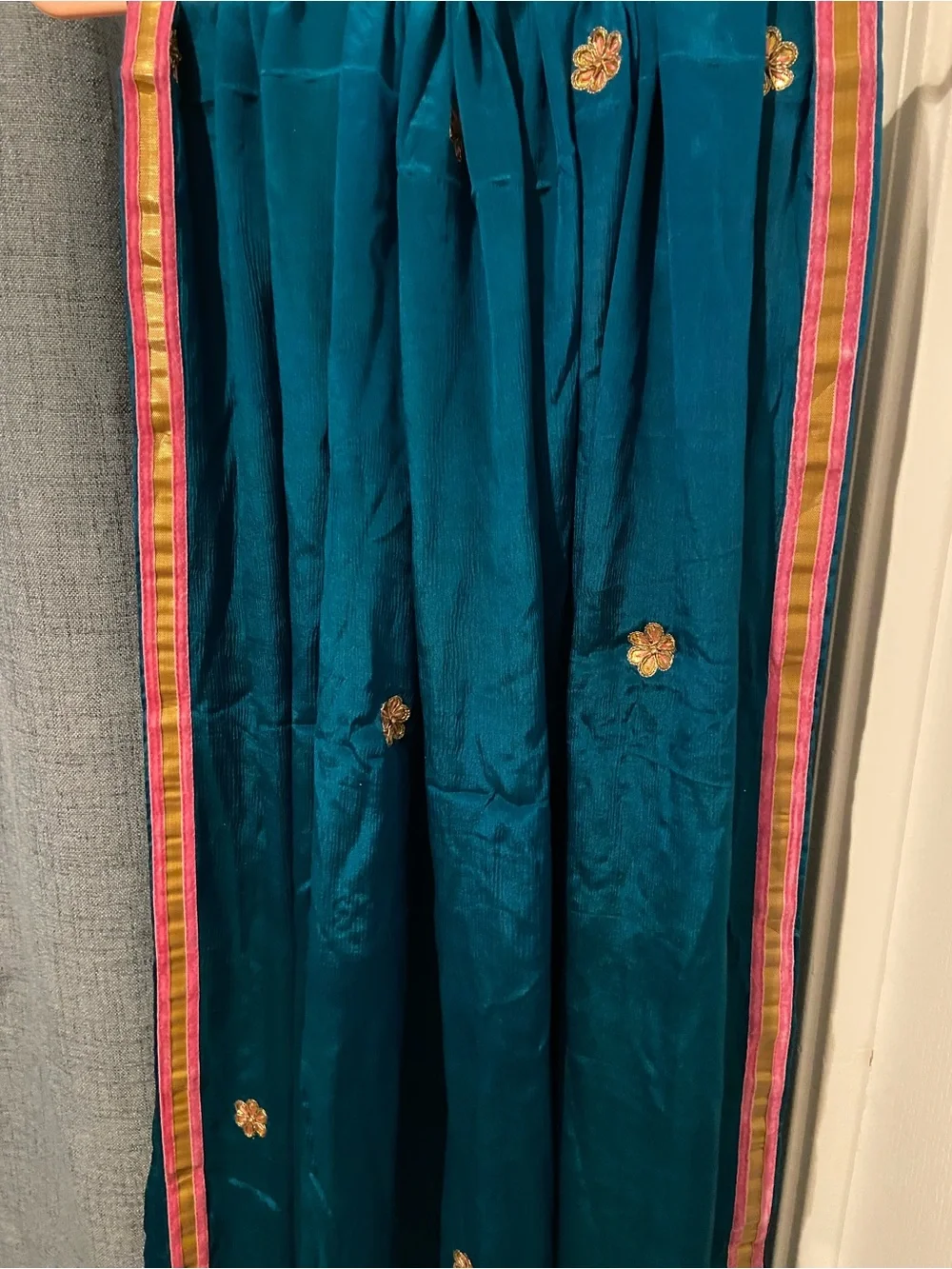 Indian Teal Floral Embellished Women's Scarf Dupatta Shawl Veil Wrap Pink Gold